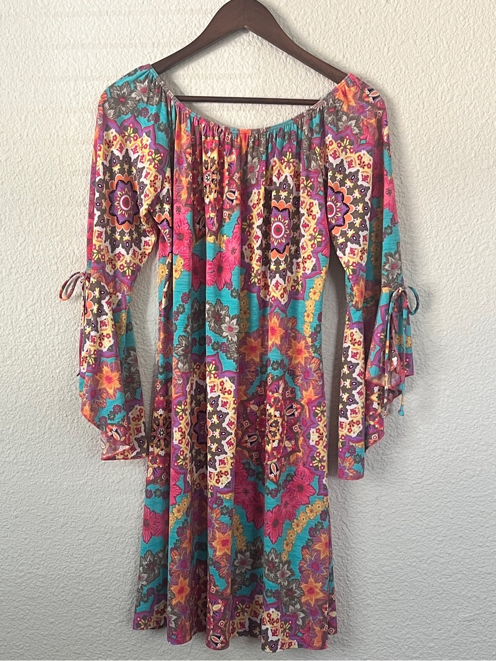 Paisley Grace Boho Floral Bell Sleeve Dress Teal Pink Size L